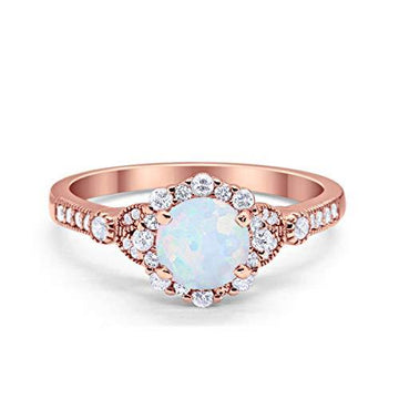 Floral Art Deco Engagement Ring Rose Tone, Lab Created White Opal 925 Sterling Silver